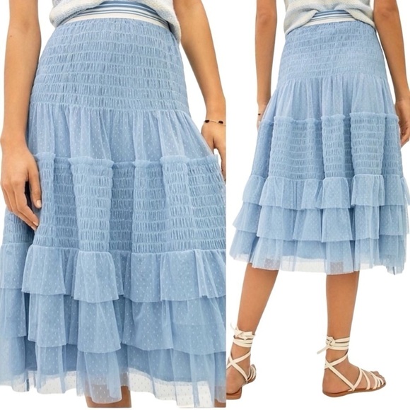 Women’s Skirt Anthropologie Maeve Blue Tulle Skirt Ruffled Midi Skirt - Picture 2 of 8